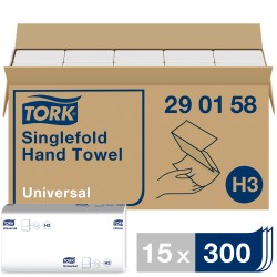 Tork® χειροπετσέτα λευκή 1φυλλη V-Fold (Zig Zag) 23x23cm 15 x 300 τεμάχια Χειροπετσέτες